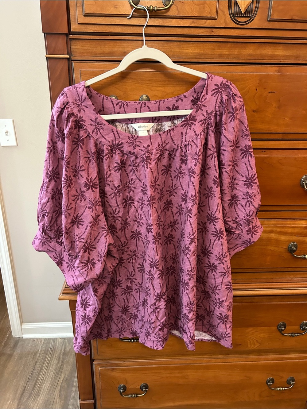 CJ Banks Plum Palm-Print Peasant Tunic Top